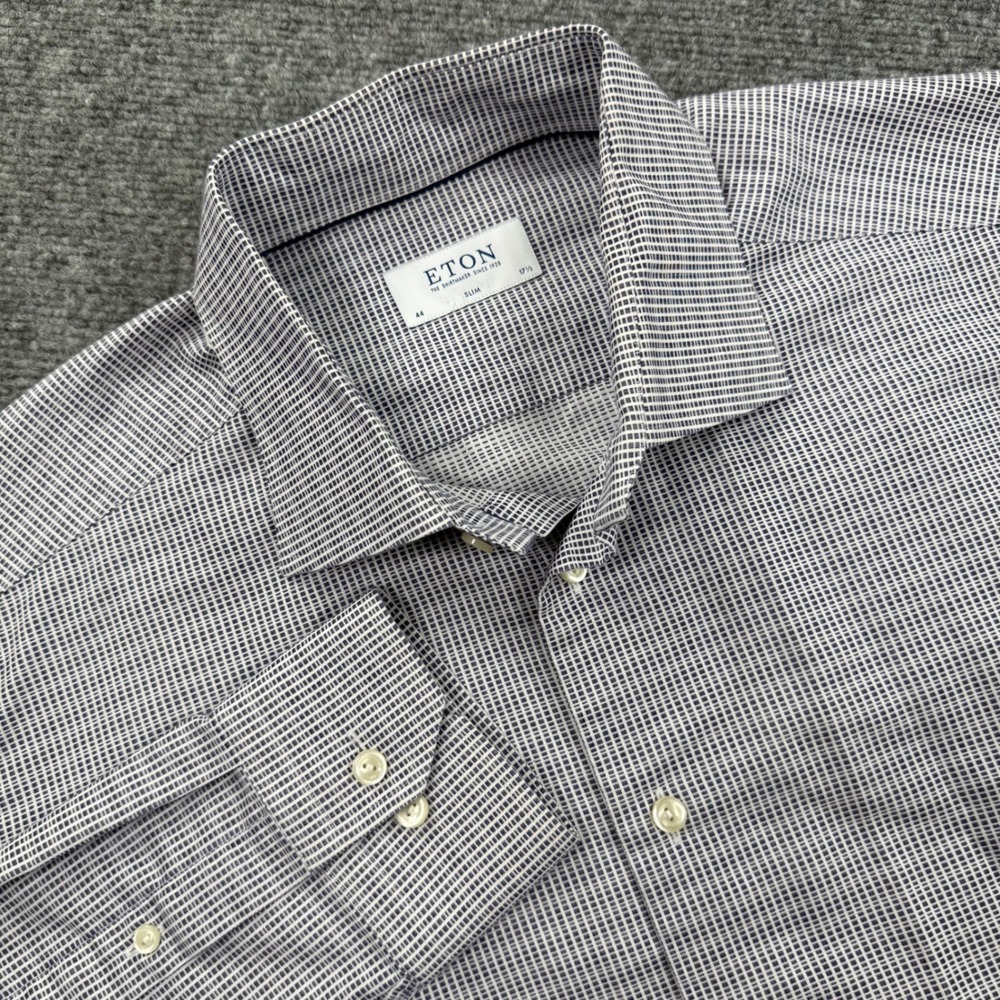 Eton Button Up Shirt 44 17.5 Blue Micro Grid Slim Fit Excellent Mens